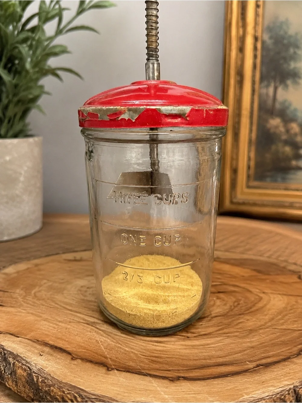 Vintage Red Glass Nut Chopper & Federal Syrup Dispenser 2 Pc Kitchen Lot